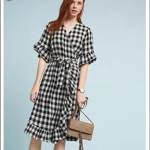 Isabella Sinclair Anthropologie Gingham Wrap Dress Ruffle Hem Black White medium